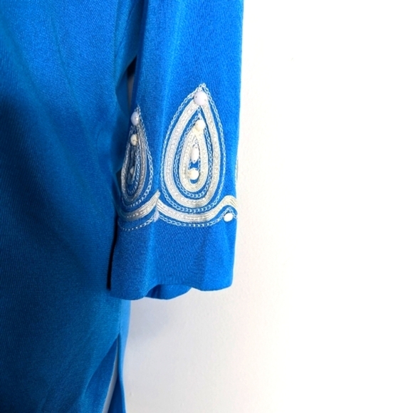 Ming Wang Beaded Embroidered Tunic Top 3/4 Sleeves Light Blue & White Size Large - Picture 4 of 9